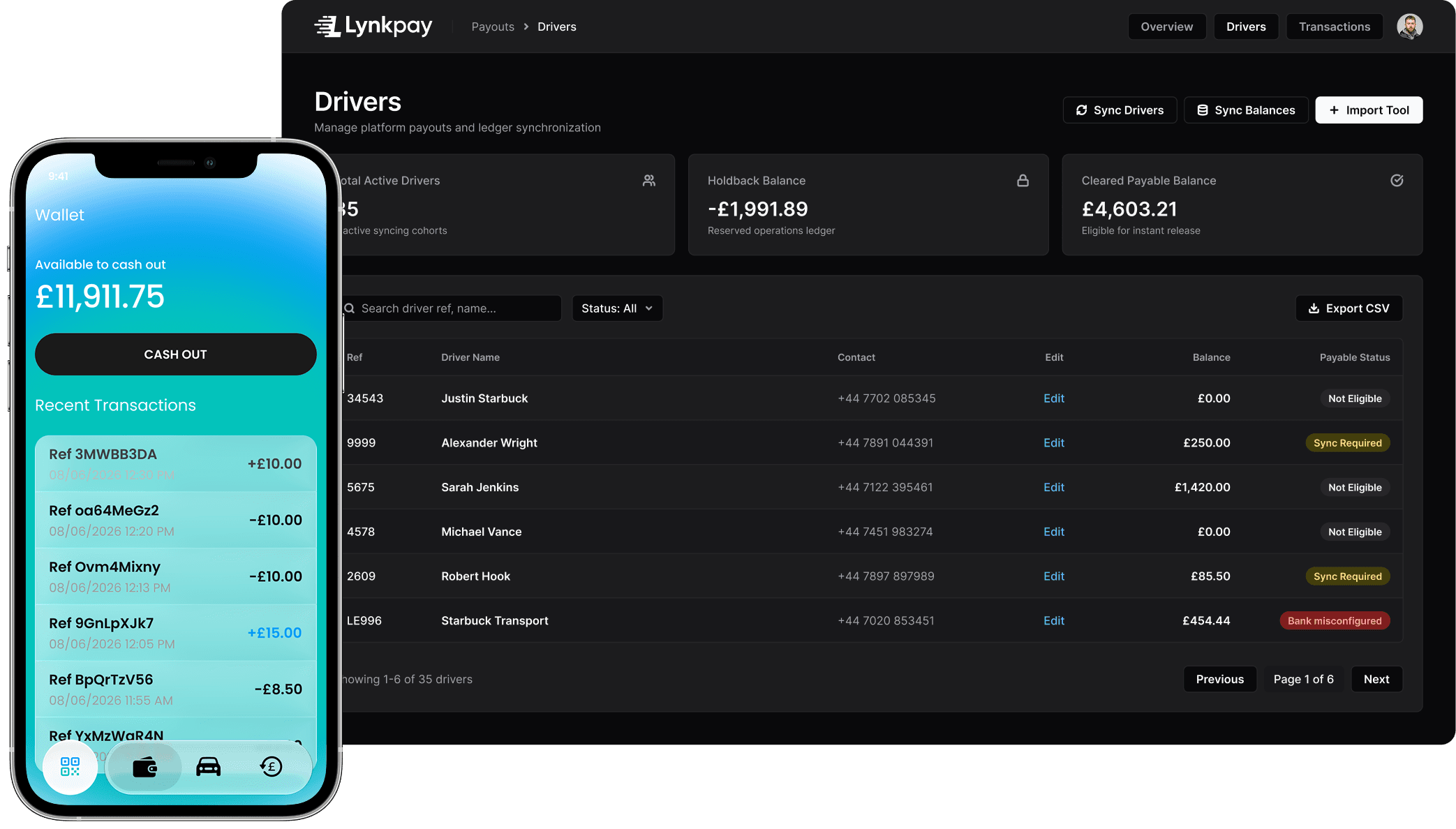 LynkPay Drivers dashboard on a laptop, paired with the driver app's Wallet screen on a phone